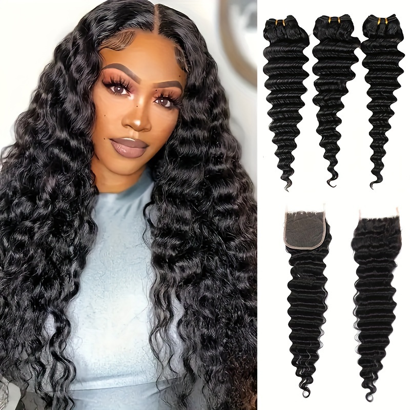 Deep Wave 3 Bundles With Closure - Brazylijskie włosy Deep Wave z koronkowym